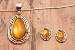 Artie Yellowhorse Genuine Amber Sterling Silver Pendant and Post Earrings Set